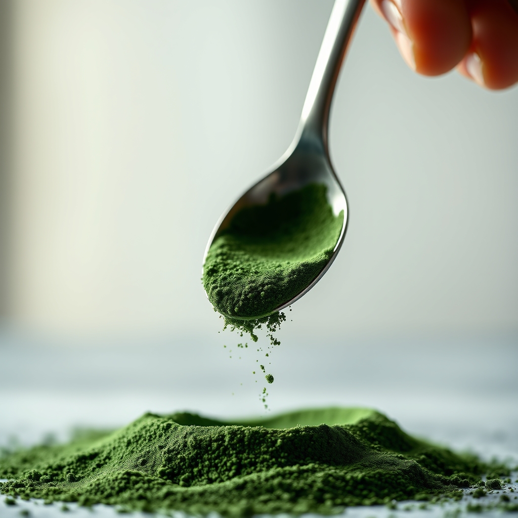 Spirulina powder poured from a spoon with natural green colour visible