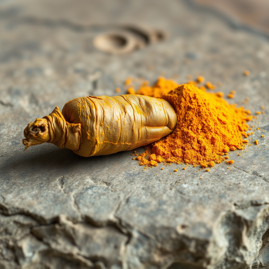 Fresh turmeric root and ground turmeric powder on a natural stone surface