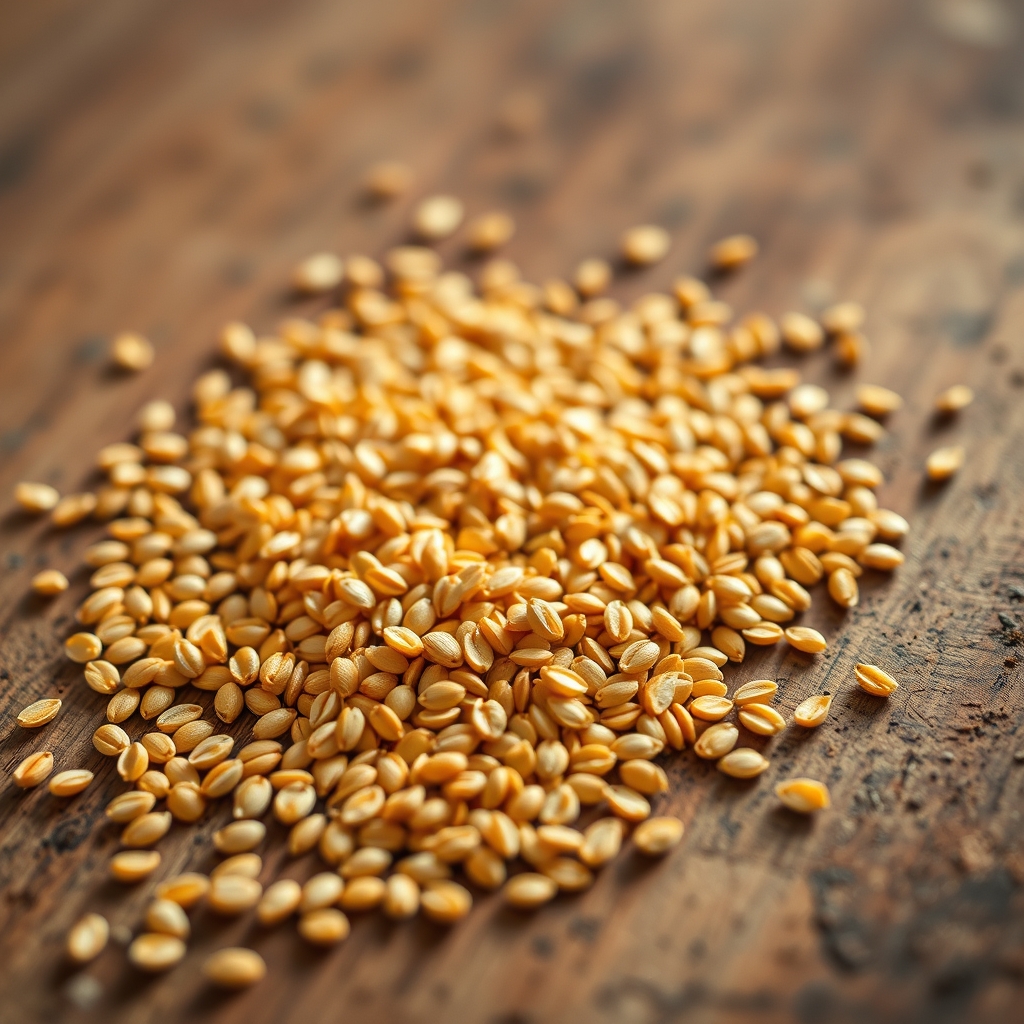 Golden flax seeds spread naturally on a wooden surface