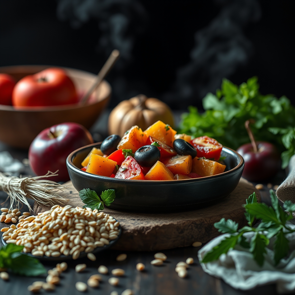 Aesthetic composition of fresh fruits, vegetables, and whole grains arranged on a natural surface