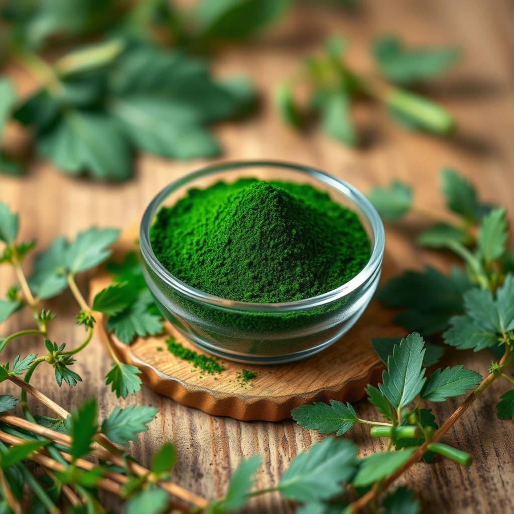 Spirulina powder in a small bowl surrounded by green natural elements